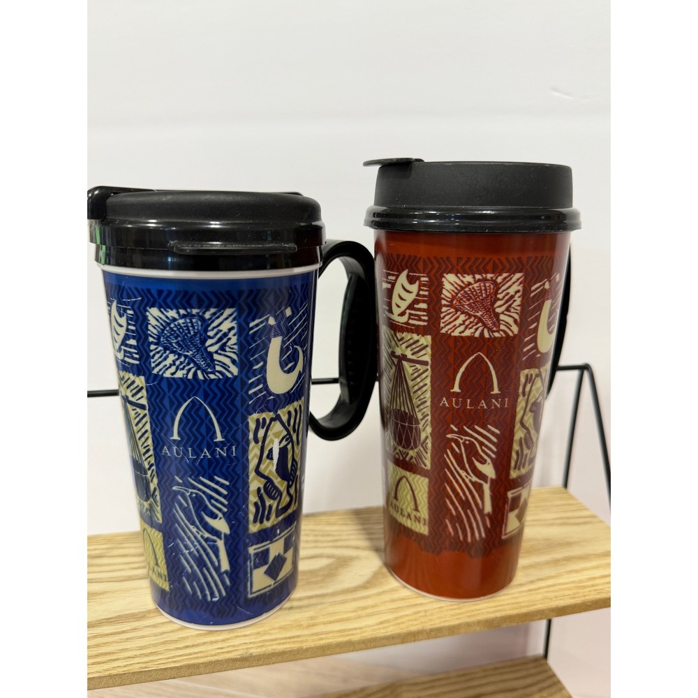 Lot of 2 Disney Aulani Resort Hawaii Souvenir Refillable Travel Mugs with Lids